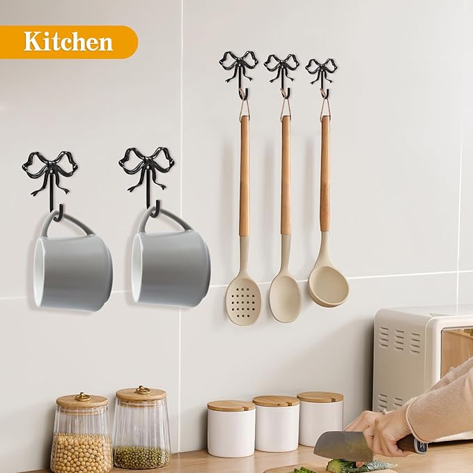 4 PCS Large Size Black Bow Wall Hook, Black Coat Hook, Metal Hooks, Bow Room Decor Hooks for Coats, Coffee Mugs, Hats, Bags, Bath Towels and Room Decorations