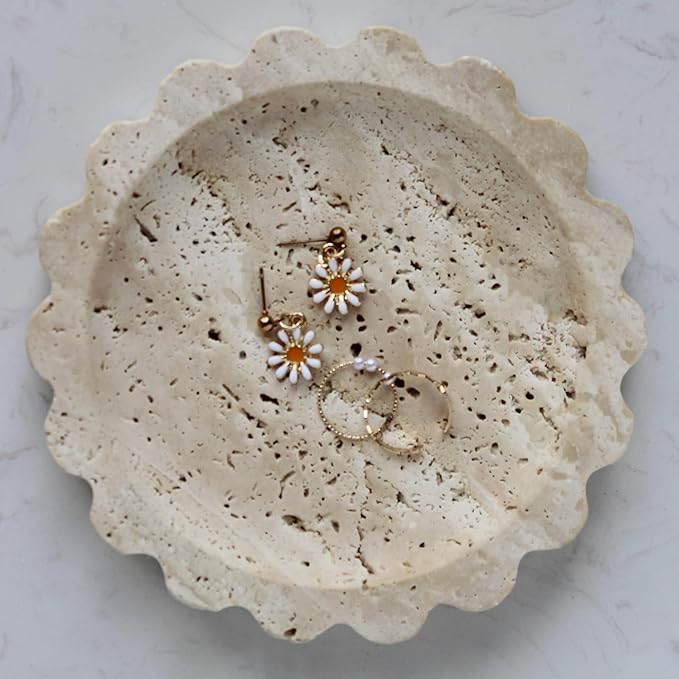 Travertine Scalloped Tray 6.3", Small Jewelry Tray for Women's Gift, Decorative Tray for Dresser Nightstand