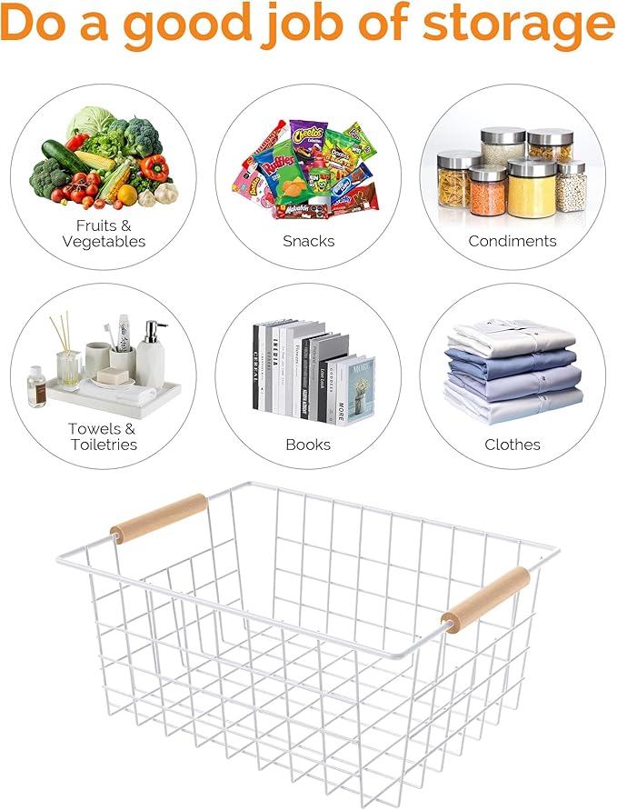 Wire Basket with Wooden Handle, Metal Utility Storage Basket for Organizing Kitchen Pantry Cabinets, Closet and Garage Shelves Drawers, Office Metal Basket Storage Organizer with Handle (White 2 Pack)
