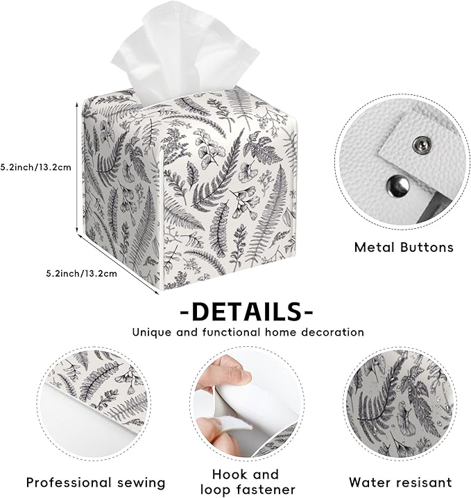 Vintage Floral Leaves Tissue Box Cover Square,Tissue Box Holder with Belt Bottom,Stylish Leather Napkin Holder for Vanity Countertop,Nightstands,Office Desk,5.2"Ã5.2"Ã5.2"