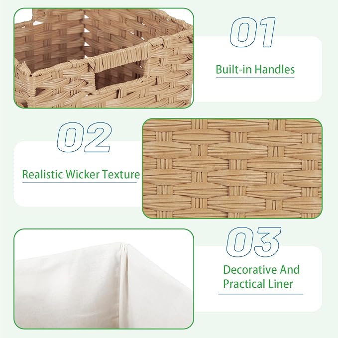 Bidtakay Wicker Storage Baskets with Liners 11x11 Storage Cube Bins Woven Basket with Imitation Water Hyacinth 2-Pack Waterproof Woven Storage Bins for Organizing Rattan Baskets Organizer-Natural