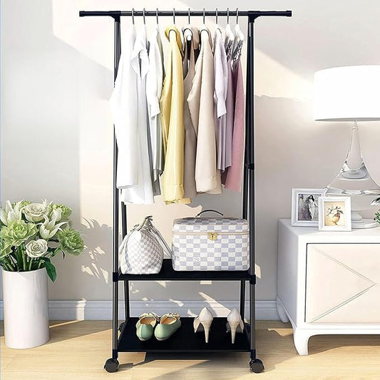 1pc Multi-Functional Metal Garment Rack With Wheels, Freestanding Triangle Storage Organizer For Clothes And Coats, Mobile Multi-Tier Shelf For Home, Kitchen, Wardrobe Organization, Portable Closets