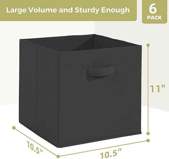 Storage Cubes, 11 Inch Cube Storage Bins, Set of 6, Fabric Foldable Storage Bins With Handles, Closet Storage Organizer Bins, Cubby Clothing Storage Baskets for Shelves, Black
