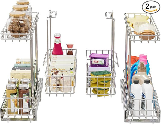 2 Tier Under Sink Organizer 11" W X18 D, Pull Out Cabinet Organizer One Removable Basket, Under Sink Slide Out Chrome Plated, Under Kitchen Bathroom Sink Organizer, 2 Pack
