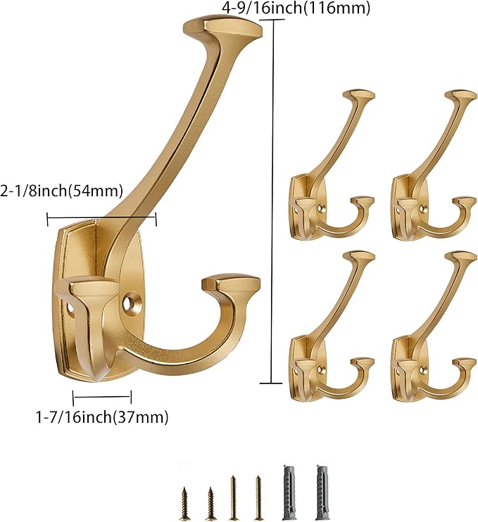 Brushed Gold Hooks Large Wall Mounted Decorative Solid Heavy-Duty Double-Sided Coat Hooks for Hanging Towels Coats Robes Towels Bag Bathroom Wall Hooks (2 Pack)