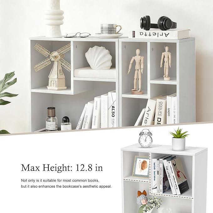 VECELO 4-Tier Bookcase, Modern Storage Cabinet with Height Difference Shelves for Standard Textbooks, 5 Cubes, Vertical or Horizontal, Easy Assembly, Pearl White