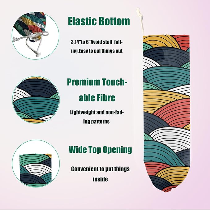 Geometric Waves Plastic Bag Holder, Wall Mount Plastic Bag Holders for Grocery Bags, Abstract Art Washable Grocery Bags Storage Dispenser for Home Kitchen Pantry Decor, Colorful Gifts for Women Mom
