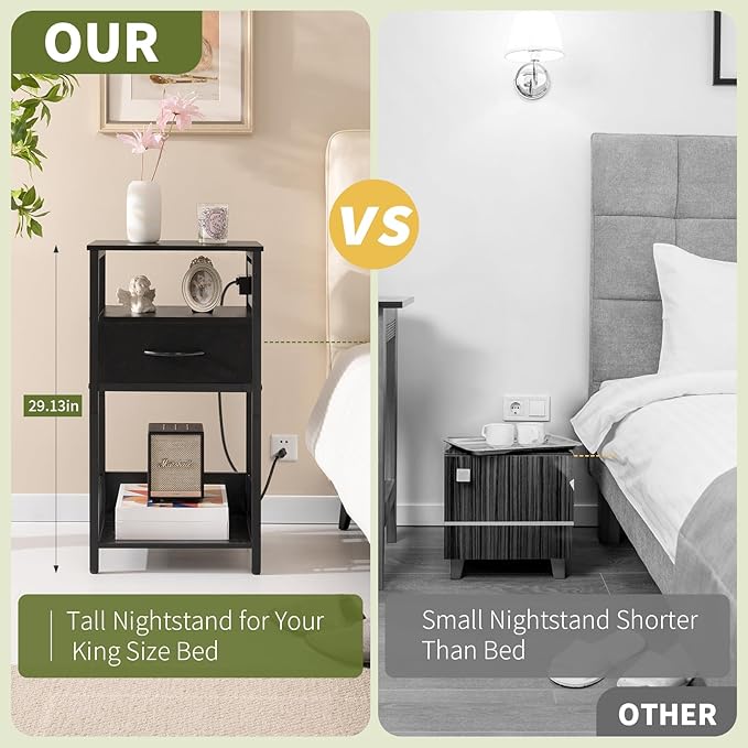 Yoobure Record Player Stand with Storage - End Table with Charging Station & LED Lights, Vinyl Record Storage Holds Up to 100 Albums, Nightstand with Drawer for Living Room Bedroom, Black