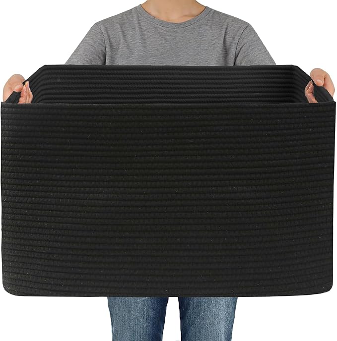 Woven Blanket Basket,96L Large Storage Bin for Blankets Toys Clothes,Decorative Rope Basket for Living Room Bedroom with Handles, Black