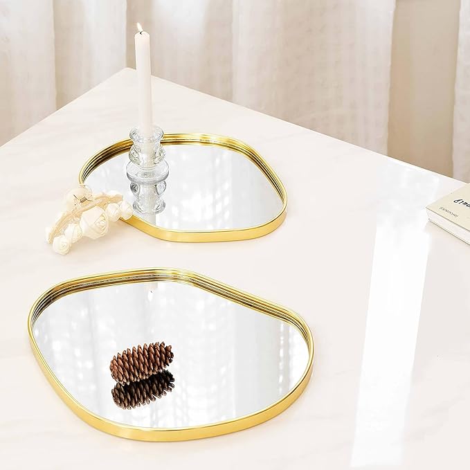 Perfum Trays,Gold Mirror Tray,Vanity Decorative Tray,Non Slip Potato-Shaped Perfume Organizer for Jewelry,Bathroom,Coffee Table (Potato-Shapedï¼M+l)