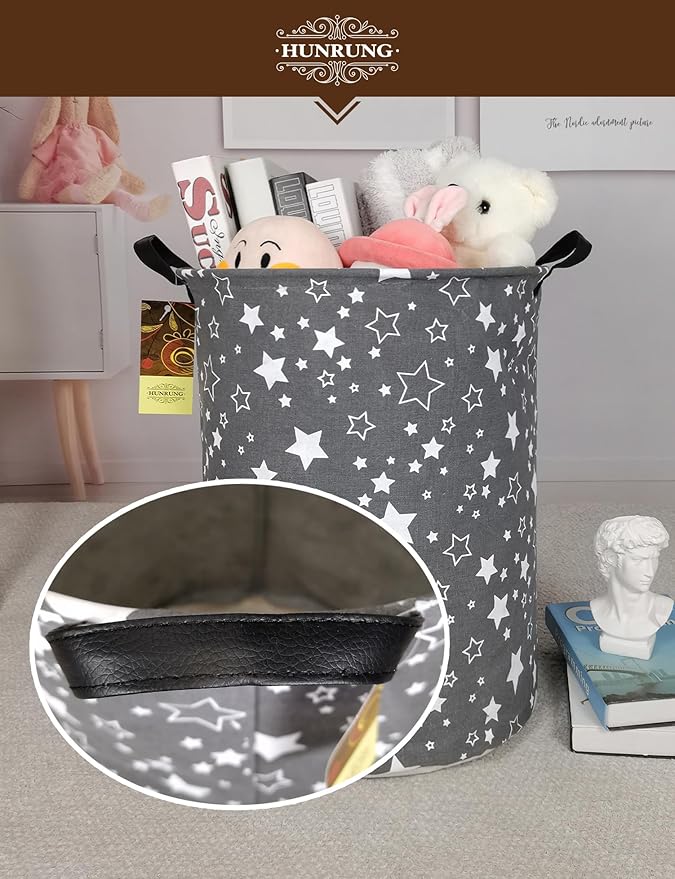 HUNRUNG Laundry Hamper,Large Canvas Fabric Lightweight Storage Basket Toy Organizer Dirty Clothes Collapsible Waterproof for College Dorms, Children Bedroom,Bathroomï¼Round starï¼