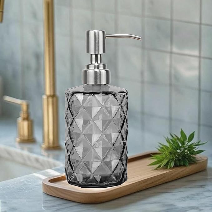 12Oz Gray Glass Soap Dispenser with Stainless Steel Pump, Refillable Kitchen Liquid Hand Soap Dispenser with Diamond Design, for Dispense Hand soap, Dish Soap, Lotion, Bathroom, Countertop, Hotel