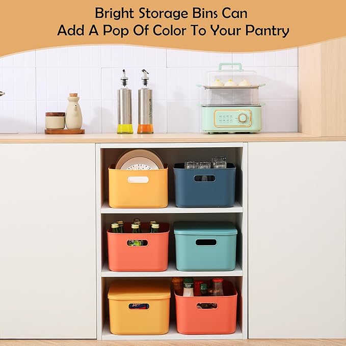 Plastic Storage Bins with Lid, Stackable Storage Containers for Organizing, Decorative Storage Baskets for Shelves Living Room Playroom Classroom Office (Medium (4 PCS))