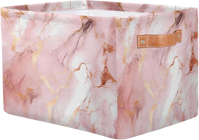 AUUXVA Storage Basket Rose Gold Marble Texture Storage Cube Box Durable Canvas Collapsible Toy Basket Organizer Bin with Handles for Shelf Closet Bedroom Home Office