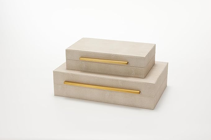 Sagala Set of 2 Ivory Shagreen Decorative Boxes With Brushed Gold Metal Handles, Faux Leather Jewelry Boxes Modern Storages Photo Memory Boxes Home Organizer Boxes (Ivory-Gold, 2pack)