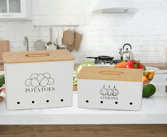 Potato Onion Kitchen Storage Canisters,Storage Bin For Kitchen 2 Pack Set,potatoe, Potato Storage Box，storage And Long Shelf Life With Aerating Tin Storage Holes-white