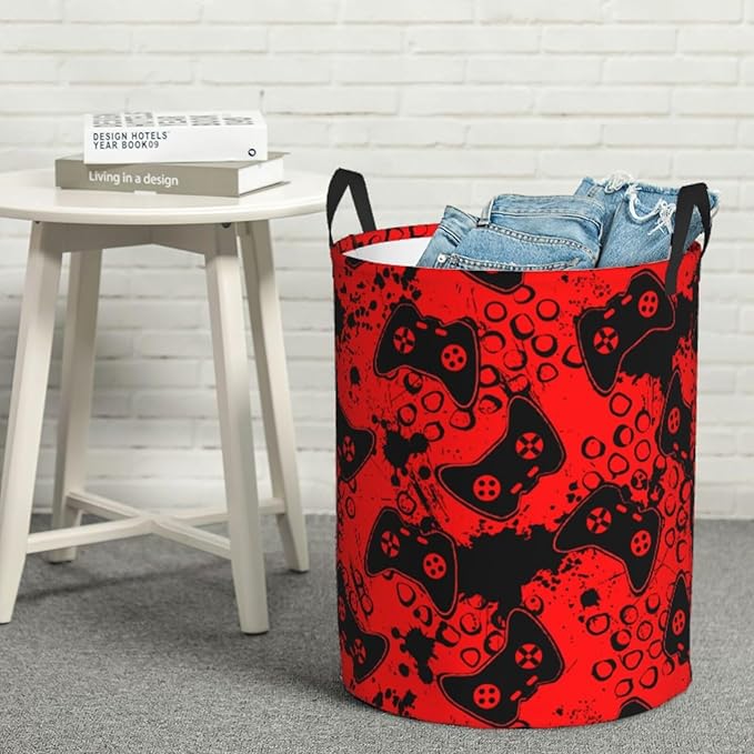Game Joysticks Red Background Round Laundry Hamper Storage Basket Toys Clothes Organizer Bin For Home Bathroom Bedroom Dorm Nursery, 62l