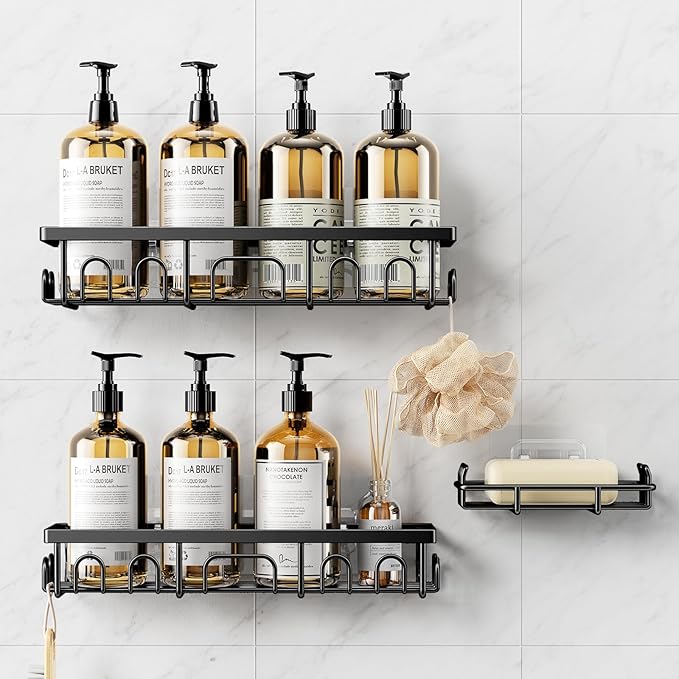 Shower Caddy, 3 Pack Shower Shelves for Inside Bathroom, Rustproof Adhesive Bathroom Organizer with Soap Holder, No Drilling Washroom Organizers and Storage for Bathtub Room/Kitchen/Home, Black