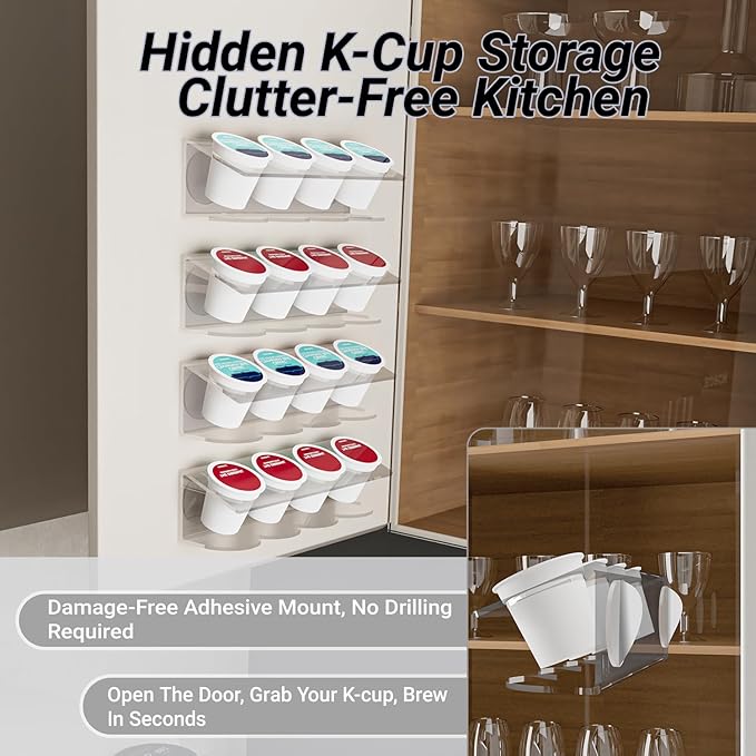 Acrylic K Cup Holder Holds 16 K-Cups, Magnetic & Self-Adhesive Multi-Mount Reusable Coffee Pod Organizer For Kitchen, Fridge, Cabinet (4 Pcs, Clear)
