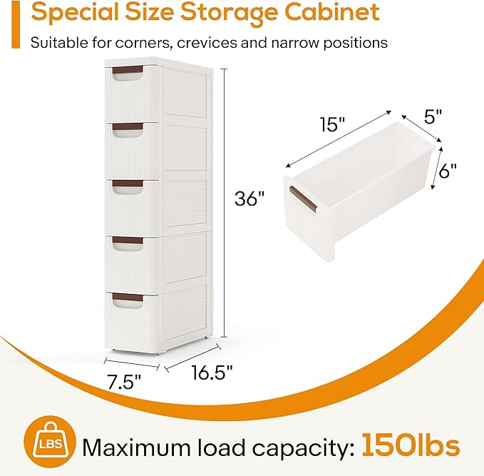 5 Drawers Slim Bathroom Storage Cabinet Dresser, Narrow Plastic Rolling Cart Organizer with Drawers, for Small Spaces, Kitchen, Laundry, Office, Bedroom, White