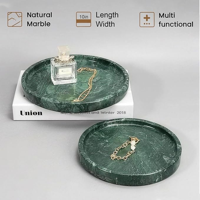 Natural Marble Tray, Round Green Tray for Bedroom/Bathroom/Kitchen/Vanity Countertop, Jewelry Tray for Rings Earrings Necklace Bracelet Watch, Room Decor Aesthetic