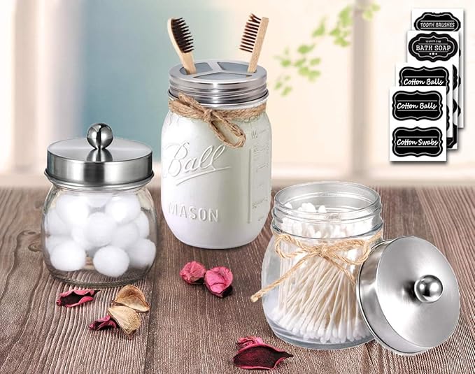 Mason Jar Bathroom Accessories Lids Set(4pcs) -Jars Not Included -Soap Dispenser,Toothbrush Holder,and Apothecary Jars Lids for Regular Mouth Mason Jars -Rustic Farmhouse Decor, Brushed Nickel