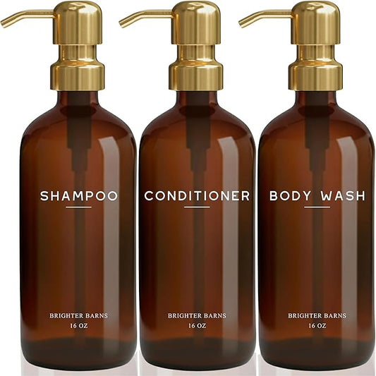 Luxury Shampoo and Conditioner Dispenser Set by Brighter Barns - Empty Shampoo Bottles Refillable with Gold Pump - Plastic Shower Soap Dispenser for Modern Bathroom Decor in Airbnb, Spa (Amber Gold)
