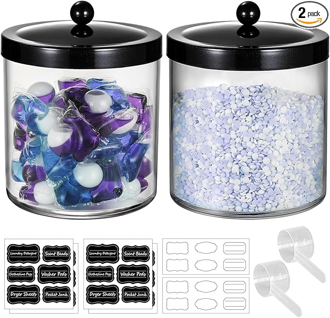 Amolliar 50 Oz Apothecary Jar - 2 Pack Clear Container with Stainless Steel Lid, Plastic Jar for Laundry Room Organization & Pods Storage, Bathroom Vanity Organizer, Kitchen Countertop Decor(Black)