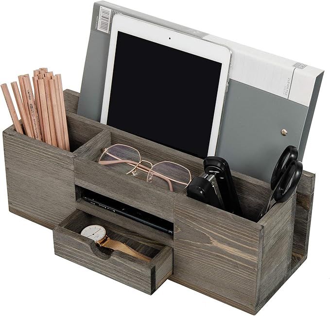 Liry Products Brown Wooden Desktop Organizer Multiple Compartments Rack Shelf Drawer Tabletop Wood Storage Cabinet Office Supplies Caddy Document Stationery Holder Accessory Sorter Vanity Home