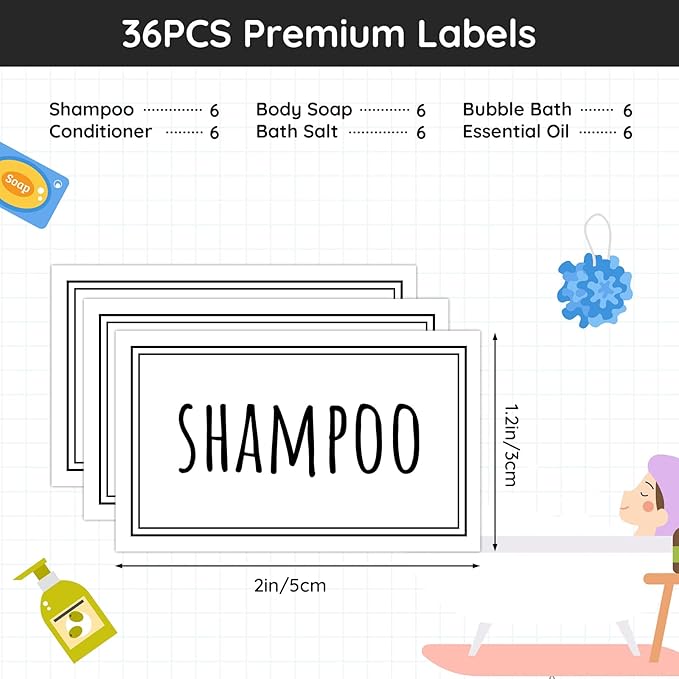 Segbeauty 36PCS Bathroom Labels - White, Self-adhesive Waterproof Labels for Bottles, Removable Soap Dispenser Stickers for Organizing Shampoo, Conditioner, Body Soap, Bath Salt, Home, Travel