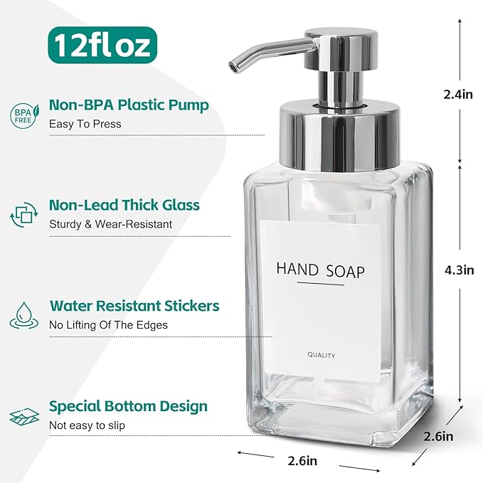 Foaming Soap Dispenser, 12oz/350ml Glass Hand Soap Dispenser Set, Refillable Foam Dispenser with Foaming Pump, Labels, Square Hand Dispenser for Bathroom, Kitchen 2 Pack