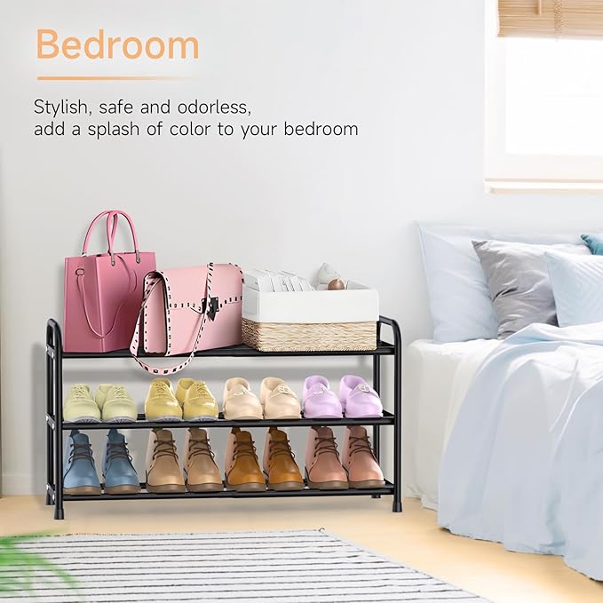 Expandable Shoe Rack, 16“-30” Adjustable Shoe Rack for Closet, Front Door Entrance, Entryway, Dorm, Small Space, Metal Shoe Organizer, Black 3 Tier
