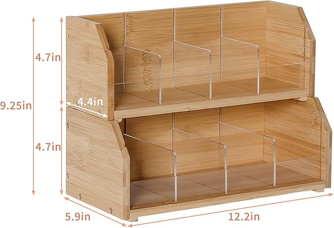 2-Layer Stackable Bamboo Tea Bag Organizer Storage Holder & Rack - Wooden Tea Box Containers - Stand for Countertop or Cabinet