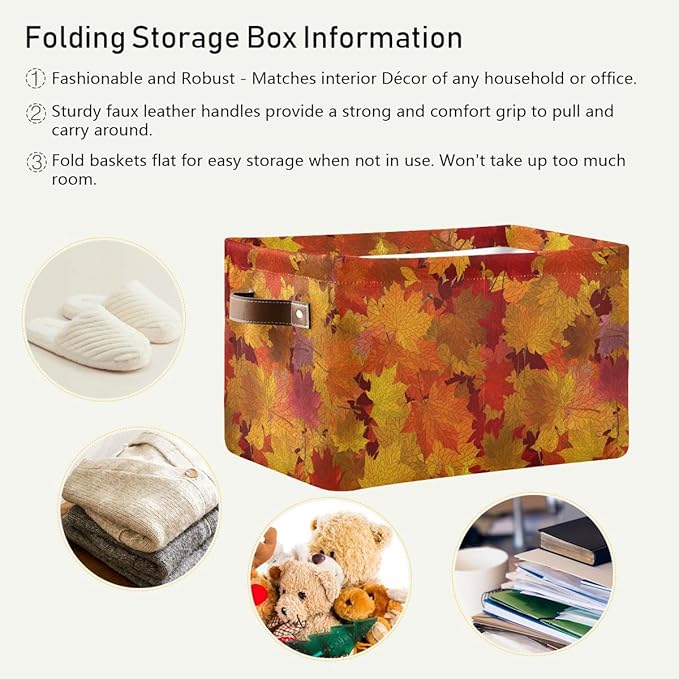 Bolaz Maple Autumn Leaves Storage Basket,Fall Large Storage Bin Fabric Collapsible Organizer Bag with Handles 15x11x9.5 inch