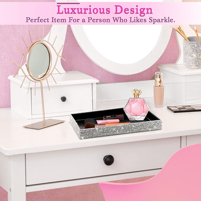 TISHAA Bling Decorative Tray Holder â Makeup Cosmetic Jewelry Ring Key Display Dish Plate Storage Organizer Crystal Rhinestone Glitter Vanity Bathroom Bedroom Home Decor (White)