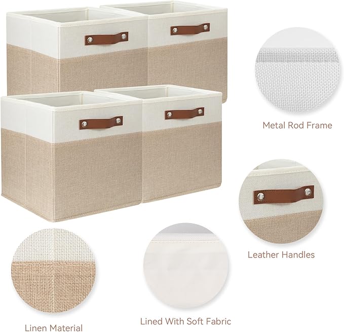 SNWDN 6 Pack Large Fabric Storage Baskets for Organizing Collapsible Fabric Storage Bins with Handles for Home and Office Organizing (White/Beige 13x13x13 Inches)