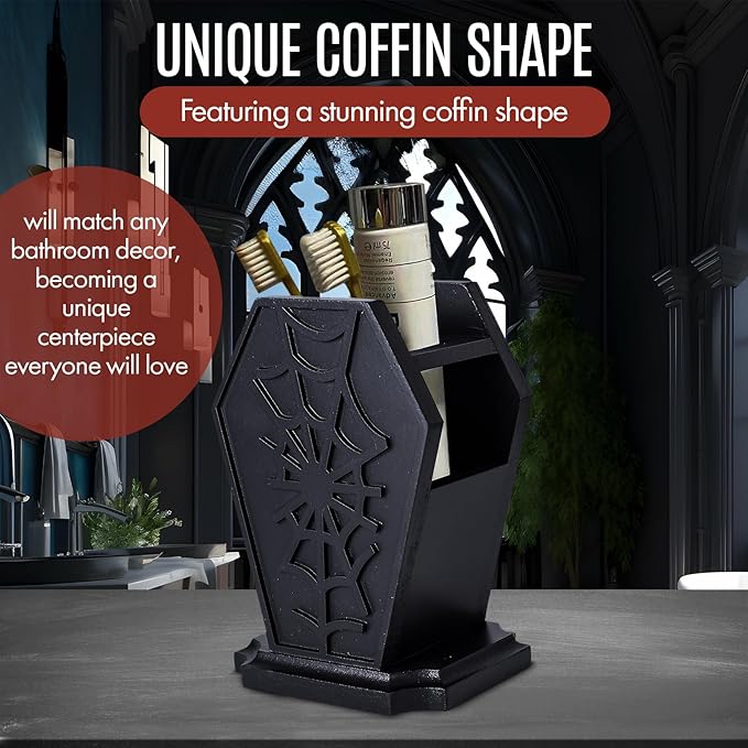 Gothic Decor Coffin Toothbrush Holder - Halloween Goth Bathroom Decor Brush Holder for Oddities and Curiosities - Spooky Pen Organizer for Kids and Adults - Witchy Gifts for Women
