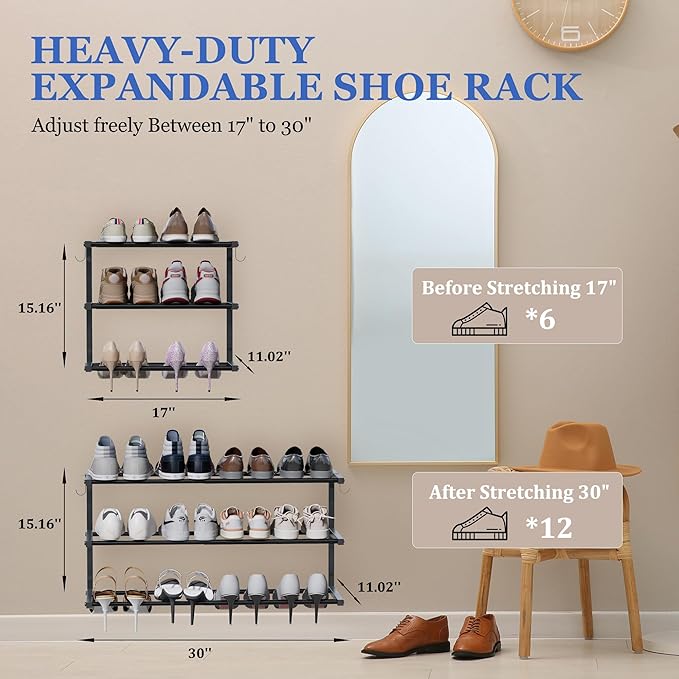 2 Pack Wall Mounted Shoe Rack, 3 Tier Hanging Shoe Rack Holds 24 Pairs, 17"-30"Adjustable Heavy Duty Shoe Organizer Holder with 4 Storage Hooks, Space Saving for Closet Entryway, Black, Patent Pending