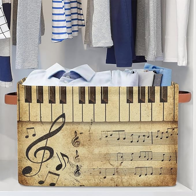 AUUXVA Storage Basket Vintage Music Note Piano Key Storage Cube Box Durable Canvas Collapsible Toy Basket Organizer Bin with Handles for Shelf Closet Bedroom Home Office