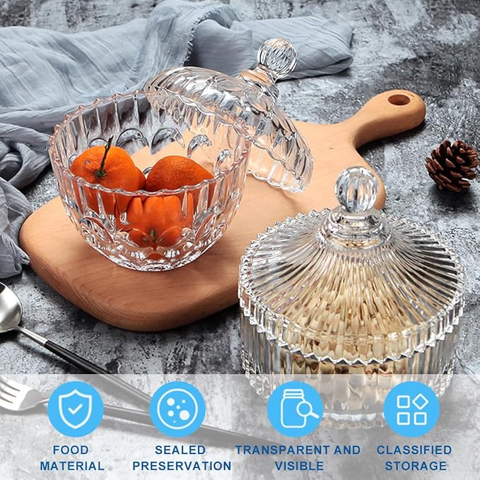 280ML/10Oz Candy Dishes Crystal Glass Candy Box with Lid Decorative Covered Food Storage Organization Sugar Bowl Cookie Jar Biscuit Jar Seasoning Jar for Home Kitchen(Clear)