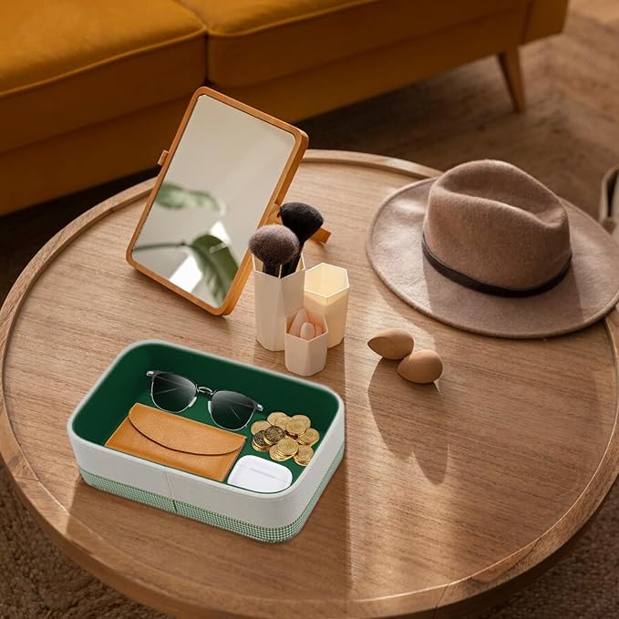TUNJILOOL Jewelry Tray Leather Valet Jewelry Box Nightstand Organizer, Bedroom Dresser Bedside Organizer Countertop Catch Key,Wallet,Phone,Watch,Coin,Glass Unique House Warming Gifts