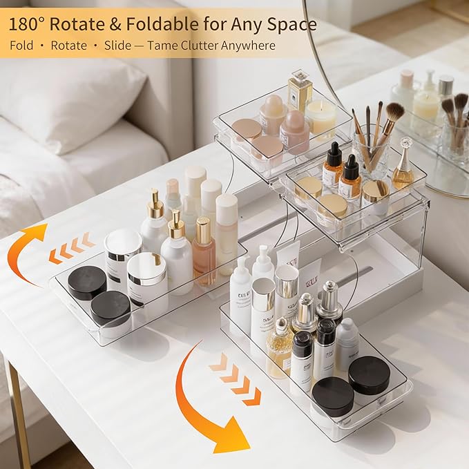 Attelite 2 Tier Pull Out Cabinet Organizer with 180° Rotating & Foldable Design, 2 Pack Sliding Drawers for Kitchen & Bathroom Storage, Fits Under Sink, Pantry, Cabinet