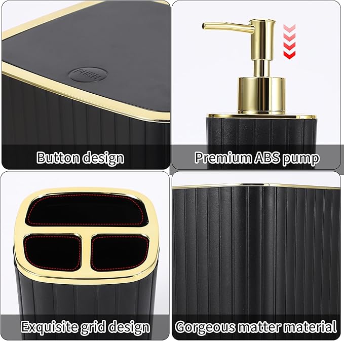 Bathroom Accessories Set - Gorgeous Black Bathroom Set, 10PC Bathroom Accessory Set, Toilet Brush, Trash Can, Qtip Holder & Soap Dispenser