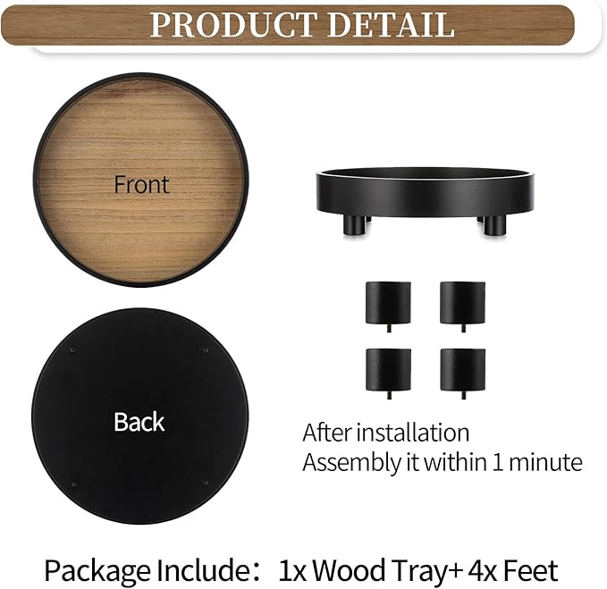 Hanobe Round Bathroom Decorative Tray: Large Vanity Decor Perfume Jewelry Trays for Bedroom Dresser - 12â Black Circle Pedestal Stand for Restroom Display