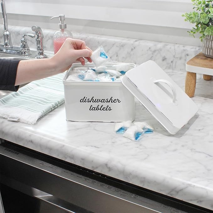 AuldHome Design Dishwasher Pod Holder, Tablet Container; White Enamelware Rustic Kitchen Storage Tin w/Lid
