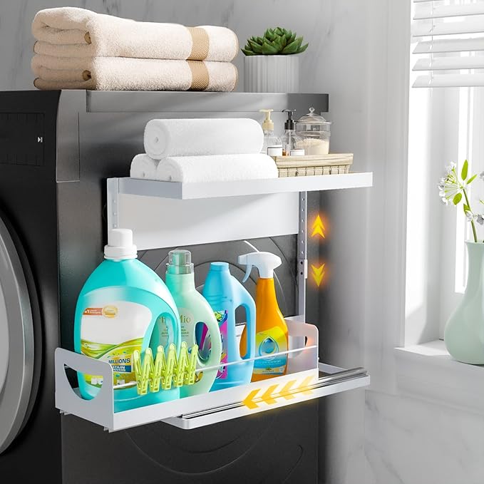 2 Tier Magnetic Storage Shelf with Pull Out Drawer, Height Adjustable Magnetic Organizer for Washing Machine & Fridge Side, No Drill Magnetic Rack for Laundry Room, Kitchen Storage (White)