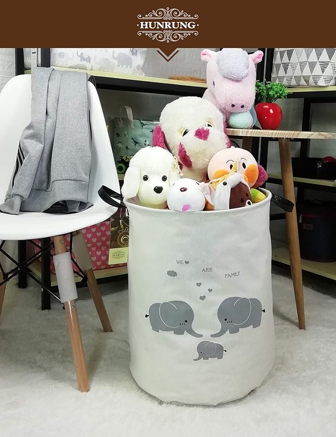 HUNRUNG Laundry Hamper,Large Canvas Fabric Lightweight Storage Basket Toy Organizer Dirty Clothes Collapsible Waterproof for College Dorms, Children Bedroom,Bathroomï¼Round-Family Elephantsï¼