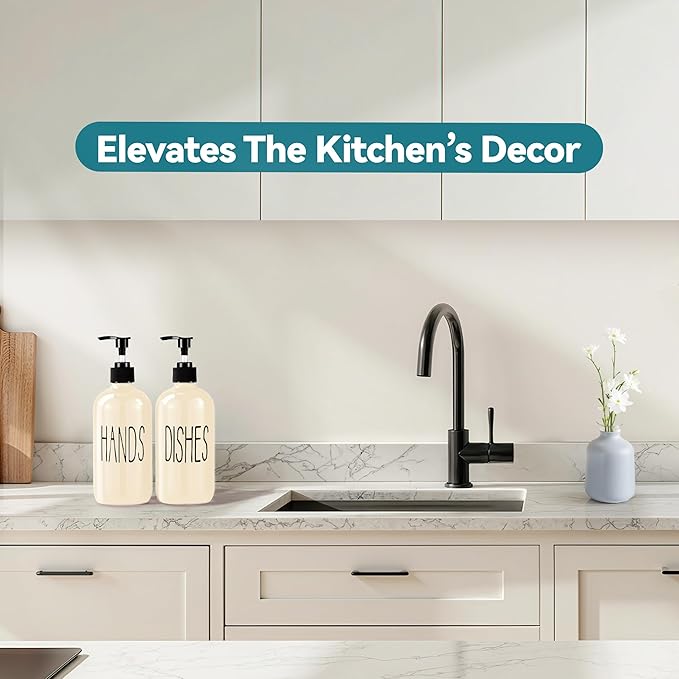 Glass Soap Dispenser Set 2 Pack,16 Oz Dish Soap Dispenser for Kitchen Sink,Beige Kitchen Accessories and Kitchen Decor,Beige Decorations and Kitchen Utensils for Kitchen
