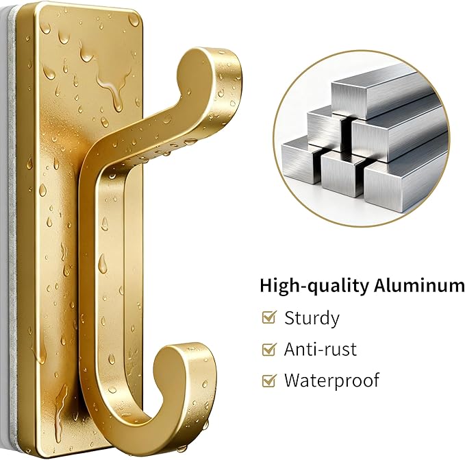4 Pack Self Adhesive Wall Hooks for Coats - Stainless Heavy Duty Double Hook for Clothes, Towel, Keys, Purse, Backpack, Bag, Hat, Gold Coat Hook for Door, Bathroom, Bedroom, Holds 13Lbs.