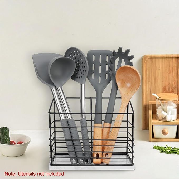 Utensil Holder for Kitchen Counter, Metal Utensil Holder Rack for Kitchen Countertop, Cooking Tools Storage for Spatula, Utensil Organizer with Marble Base, and Drainage Hole (Black Marble)
